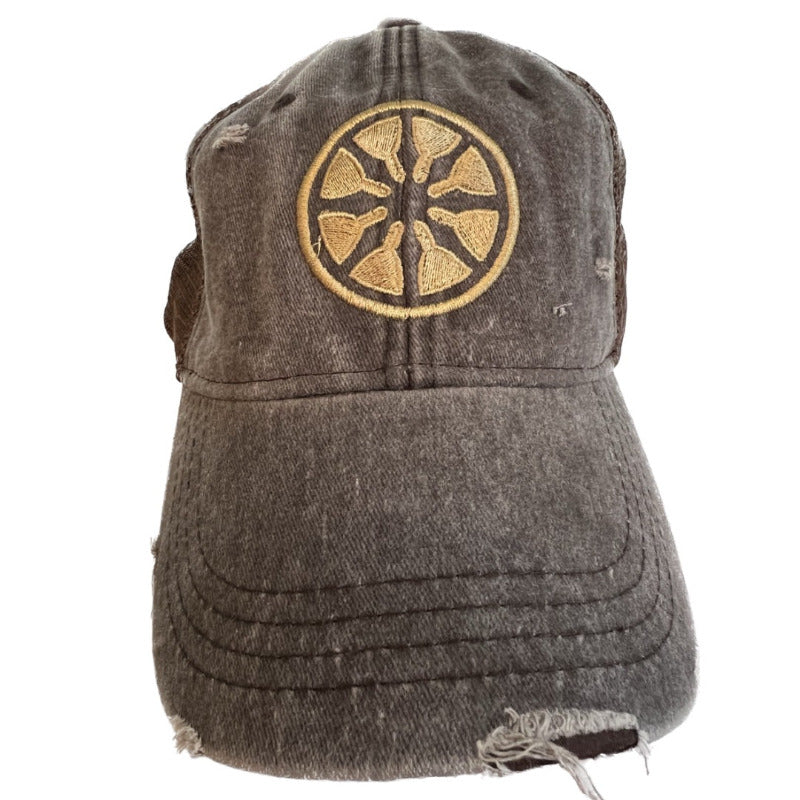 Brown With Gold Dharma Wheel Hat by Goddaughters