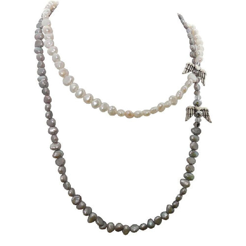 Angel on my Shoulder Necklace white and silver freshwater pearl with silver angel wings