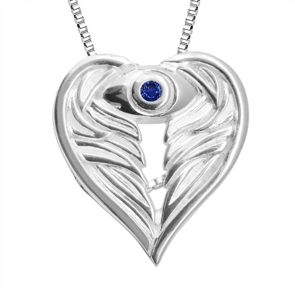 Sterling Silver with Sapphire AngelEyes Heart Necklace box chain