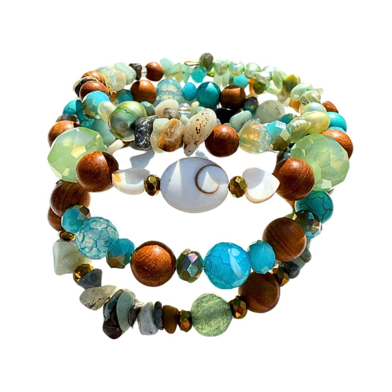 Turquoise & Wood Shiva Shell Wrap Bracelet