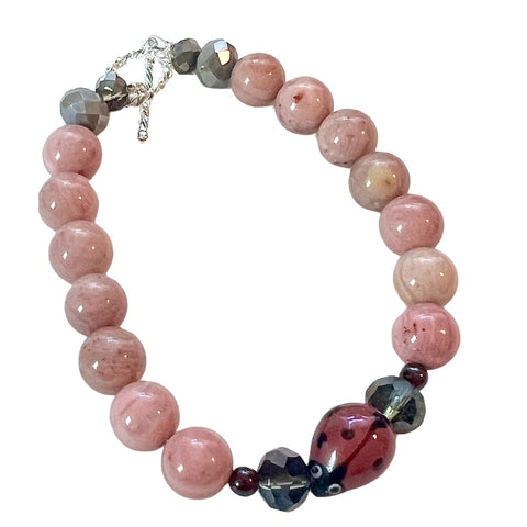 Ladybug Pink Rhodonite Gemstone Toggle Bracelet