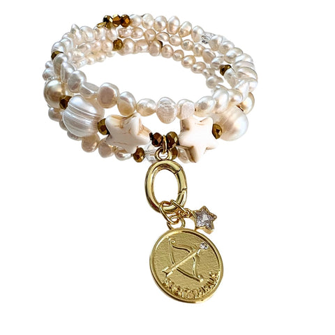 Zodiac Golden Freshwater Pearl Charm Bracelet Wrap