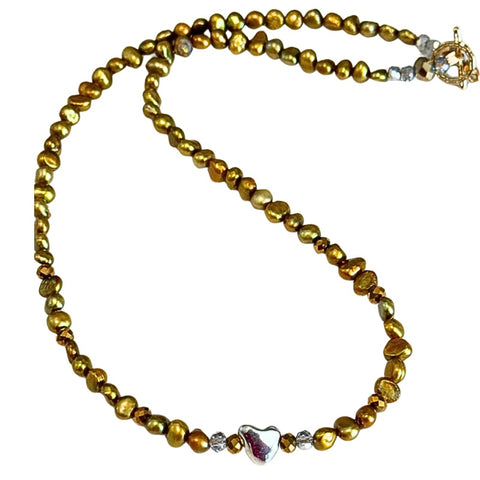 Mindful Pebble Heart Gold Freshwater Pearl Necklace