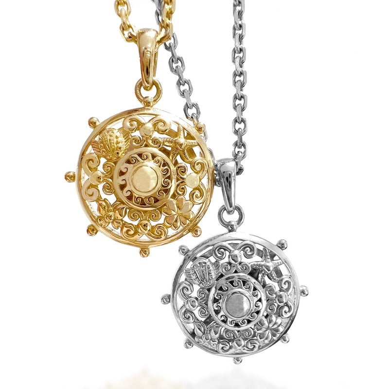 Goddaughters Goddess Scroll Dharma Wheel Necklace In both Sterling Silver and Gold 