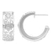 Silver hoop earrings with intricate designs on a white background