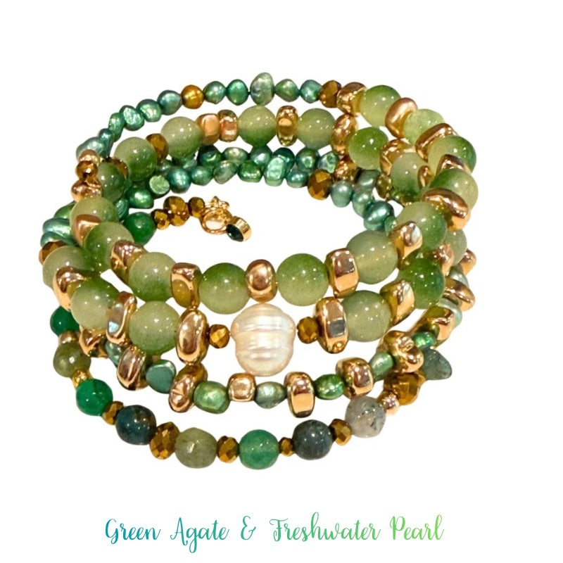 Green tones Pearl for Peace Wrap Bracelet by Goddaughters 