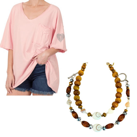 Summer Bundle - Pink AngelEyes Heart on my Sleeve Boyfriend T-shirt & Shiva Shell Bracelet