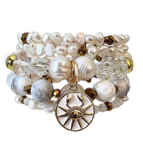 Cancer Fire Agate Freshwater Pearl Wrap Bracelet