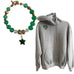 Green Embroidered AngelEyes Heart on the Shoulder Grey Hoodie & Green Star Aventurine Bracelet