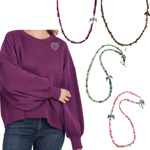 Angel on My Shoulder Balloon Sleeve Plum EmbroideredSweatshirt and Color Therapy Angel on my Shoulder Freshwater Pearl Necklace Bundle