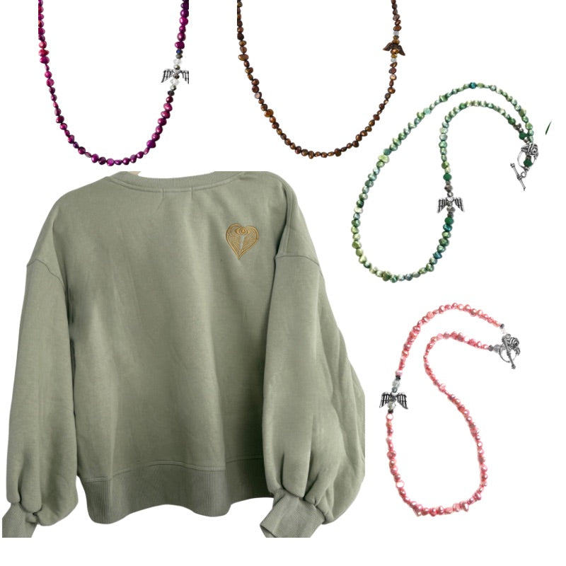 Light Green Angel on my Shoulder Balloon Sleeve Sweatshirt and Necklace Bundle