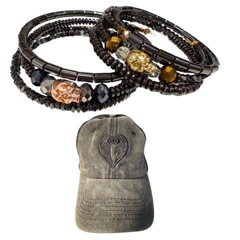 No Fear Skull Hematite Wrap Bracelet & AngelEyes Heart Hat Bundle