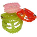 Three colorful beaded bracelets in pink, green, and orange on a white background