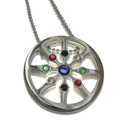 Dharma VIII Multi precious stone Buddhist Necklace including Blue Sapphire, Emeralds and Garnet stones.