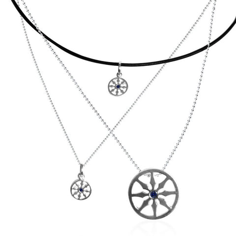 Sterling Silver Dharma VIII single sapphire wheel choker necklace 