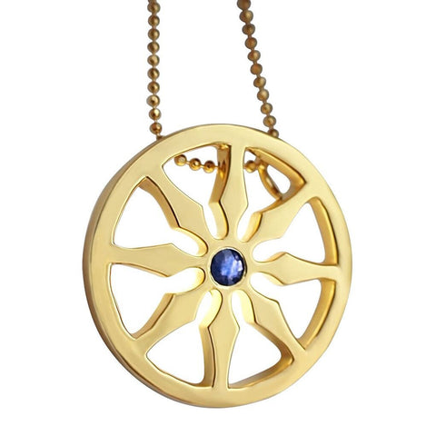 Gold Dharma VIII Wheel Necklace Single Stone sapphire 