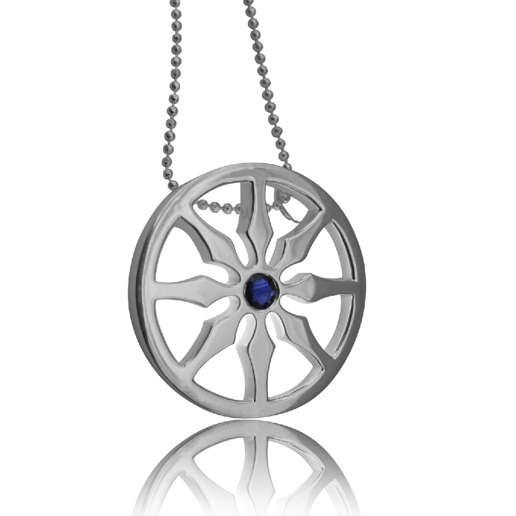 Sterling Silver Dharma Wheel Necklace Single Genuine Sapphire Necklace with beaded chain for zen