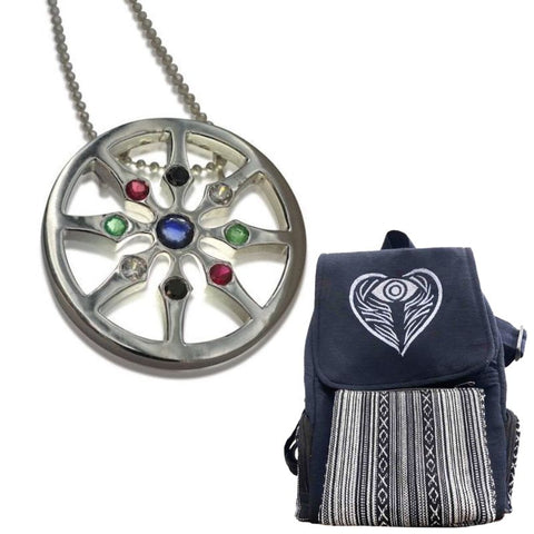 Holiday Special Dharma VIII Wheel Necklace and AngelEyes Heart backpack by Goddaughters 