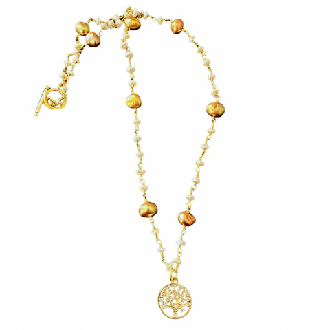 Tree of Life Golden Pearl Necklaby by Goddaughters 